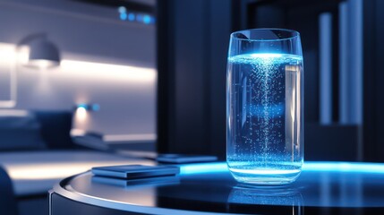 Hydrogen energy powering futuristic water purification systems, clean designs glowing with advanced sustainable solutions