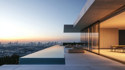 A modern luxury home with a stunning view, featuring an infinity pool, spacious terrace, and floor-to-ceiling windows at sunset.