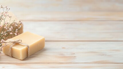 Spa Product Close up of handcrafted soap bars, lotions, and essential oils beautifully arranged in a rustic spa setting with wooden textures.