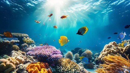Fototapeta premium Vivid underwater coral scene with tropical fish