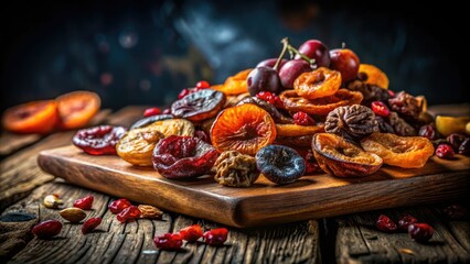 Fototapeta premium Dark, moody still life: decaying fruit on a plank, captured with long exposure night photography.