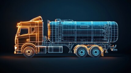 A futuristic, wireframe truck with a cylindrical tank, illuminated in blue and orange against a dark background, showcasing a blend of technology and design.