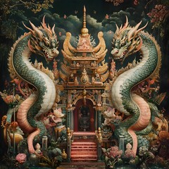 Obraz premium Intricate dragon temple, vibrant mythical architecture with twin dragons, showcasing detailed carvings and lush surroundings.