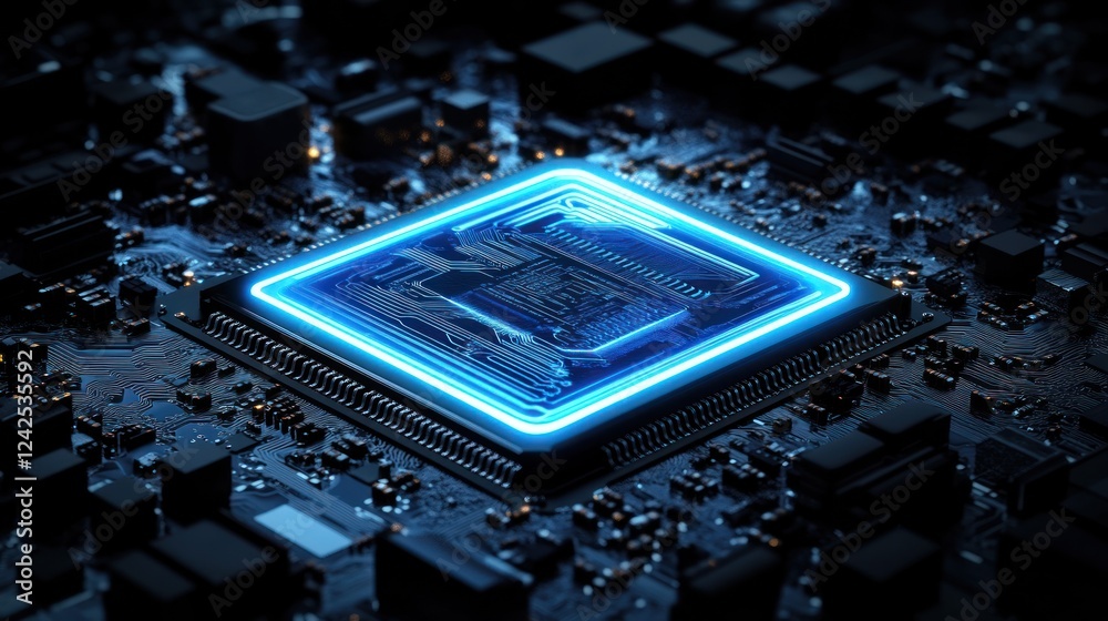 Poster illuminated microchip on circuit board with abstract electronic components, for technology backgroun