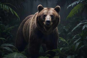 Obraz premium a bear stalks its prey in the misty darkness of the tropical forest hiding in the bushes.