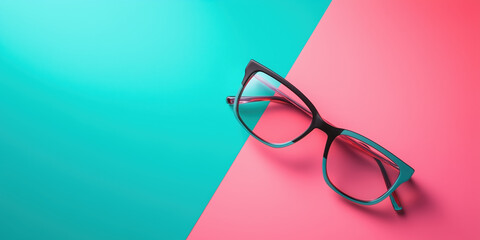 Black glasses on pink and turquoise background. Fashion and style design