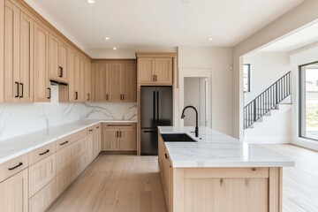 Modern kitchen island, hardwood floors, marble countertops, open-concept design, stairs