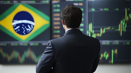 A businessman analyzes stock market trends with a Brazilian flag in the background, reflecting investment opportunities in Brazil.