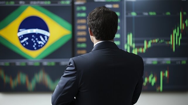A businessman analyzes stock market trends with a Brazilian flag in the background, reflecting investment opportunities in Brazil. - Powered by Adobe