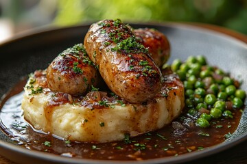 Savory sausages, mashed potato, peas. Restaurant meal