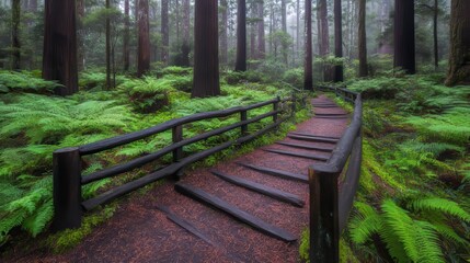 Obraz premium Redwood Forest Path, Wooden Steps, Fern Landscape