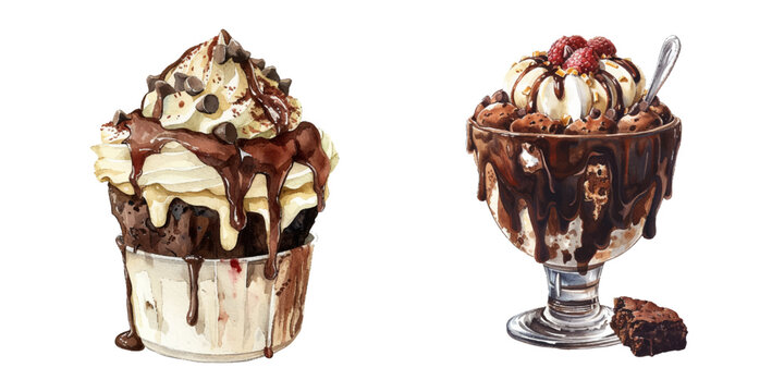 chocolate brownie sundae watercolor vector illustration
