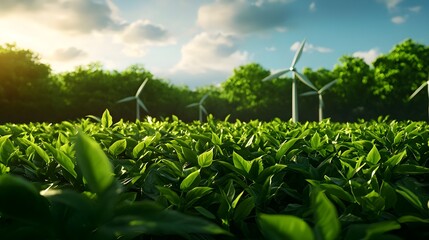 Fototapeta premium Green Tea Plantation with Wind Turbines at Sunset