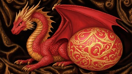 Obraz premium Regal Red Dragon Guarding Ornate Golden Egg