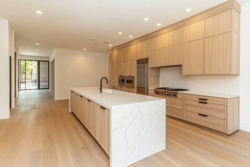 Modern kitchen island, hardwood floors, open-plan layout, backyard view