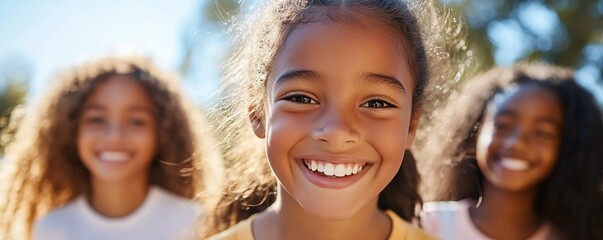 Fototapeta premium Happy young girl smiling with her friends in the background: a portrait