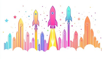 Rocket Launch Illustration colorful palette flat design showcasing business development dynamic colors upward movement symbolizing innovation and entrepreneurial spirit