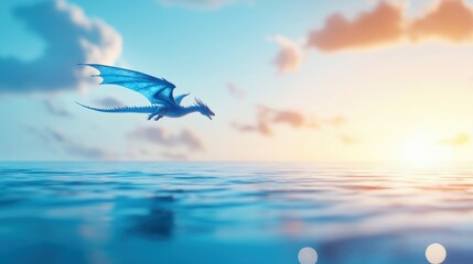 Flying Dragon Majestic dragon gliding over a sparkling ocean, its reflection visible on the shimmering water below.