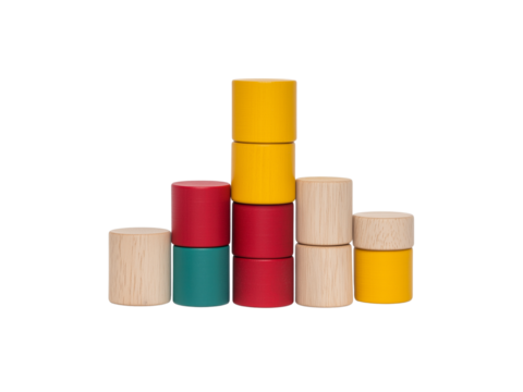 A collection of colorful wooden blocks arranged in a playful, ascending pattern, Isolated on white background.