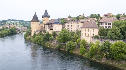 Riverfront Medieval Town with Fortified Castle Towers