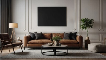 A large black blank picture frame in landscape format hangs prominently above a spacious brown sofa