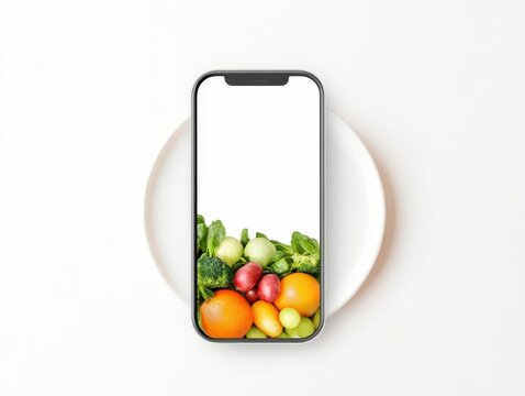 Engaging nutrition app meal planning modern kitchen digital interface healthy eating top view food inspiration