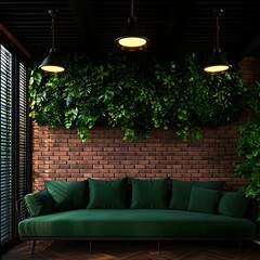 Obraz premium Green Velvet Sofa in Modern Industrial Living Room