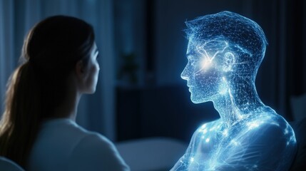 Futuristic holographic health assistant guiding a patient in a modern clinic health tech indoor environment close-up view innovation