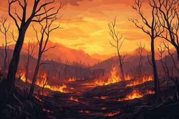 Fiery sunset over a burning forest, barren trees silhouetted against the flames. Illustrates the devastation and impact of wildfires, ideal for environmental themes.