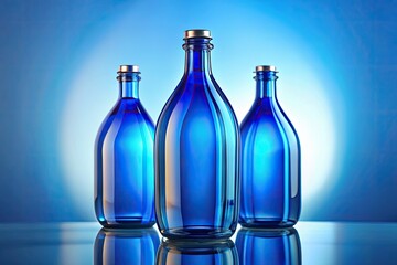 High-quality 3D renders of empty blue glass dropper bottles; perfect cosmetic packaging mockups.