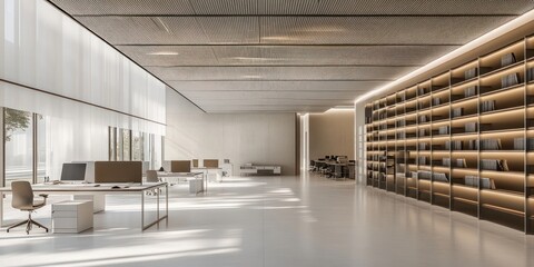 A dynamic minimalist office with open shelving, natural light, and soft accents to create a calming atmosphere