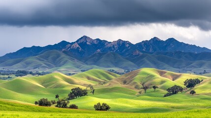 Obraz premium Rolling Hills Under Dramatic Stormy Sky and Mountains