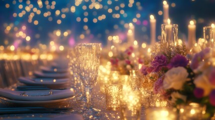 Obraz premium Romantic Candlelit Dinner Table Setting with Flowers