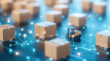 warehouse Logistic and Supply Chain Network Aerial view of a warehouse with forklifts, shelves, and a digital interface showing logistic connections.