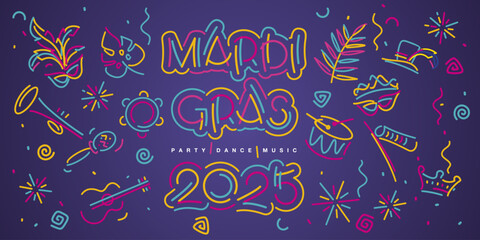 Mardi Gras 2025 Carnival handwriten line design typography party dance music elements signs symbols. Mask drums rattles guitar fanfare crown tiara flags sparkle firework confetti on purple background © simbos