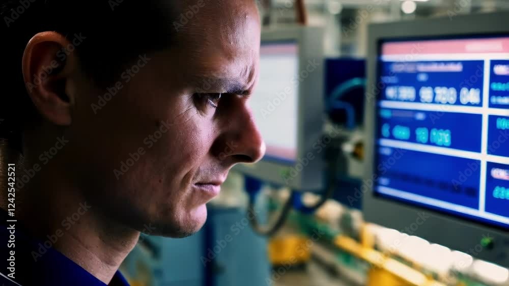 Poster skilled industrial engineer analyzing production line performance, displaying concerned expression w
