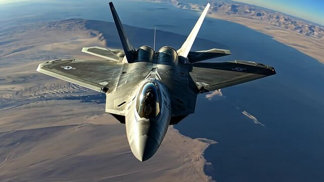F-22 Raptor in Flight: A powerful F-22 Raptor fighter jet soars through the skies, its stealthy gray paint job camouflaged against the desert landscape below. The sun glints off its sleek.