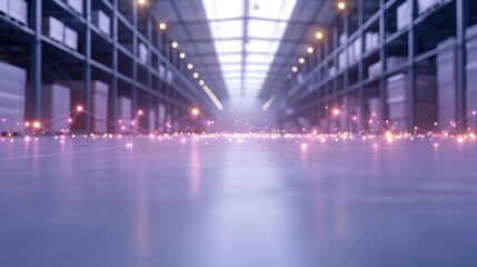 Connected Warehousing Visual representation of warehouse connectivity through digital screens showing real time tracking and inventory sharing.