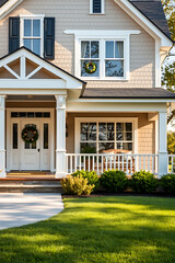 Dream House Exterior: A Stunning Suburban Home Design. This picture shows a beautiful house with a well-maintained lawn, showcasing its stunning exterior design and landscaping.