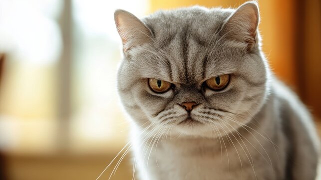 A grumpy grey British Shorthair cat stares intensely. Perfect for meme creation, or illustrating pet behavior.