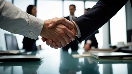 Close-up of business handshake in the office blurry background