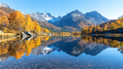Autumnal lake reflecting mountains, clear sky. Peaceful nature scene, ideal for travel brochures