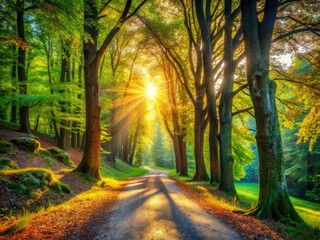 Obraz premium Lush trees frame a picturesque forest walkway, perfect for nature trail photography.