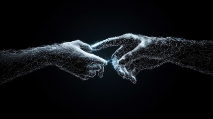 Digital hands reaching, connection, dark background, abstract art, website banner