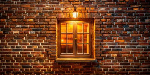 Fototapeta premium Vintage Charm: Low Light Photography of an Orange Brick Wall with Wooden Window and White Glass Accents for Timeless Home Decor Inspiration