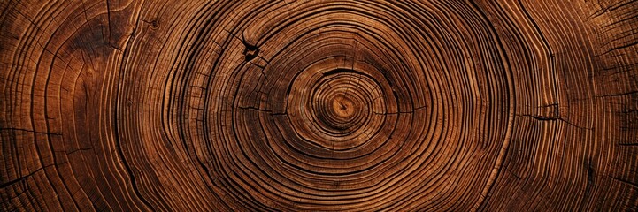 Fototapeta premium Old wooden oak tree cut surface. Detailed warm dark brown and orange tones of a felled tree trunk or stump. Rough organic texture of tree rings with close up of end 