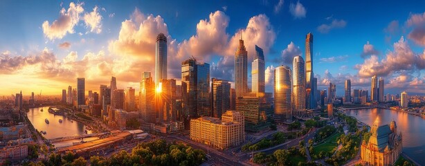 Fototapeta premium World Meteorological Day Sunrise Over Urban Skyline with Dramatic Clouds