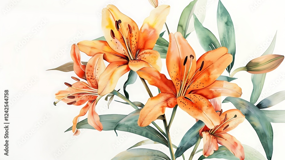 Canvas Prints An intricate botanical watercolor illustration featuring vibrant lilies and delicate foliage, painted in a dreamy, artistic style, perfect for elegant floral backgrounds, set against a clean 