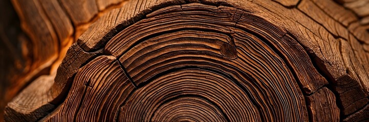 Old wooden oak tree cut surface. Detailed warm dark brown and orange tones of a felled tree trunk or stump. Rough organic texture of tree rings with close up of end 