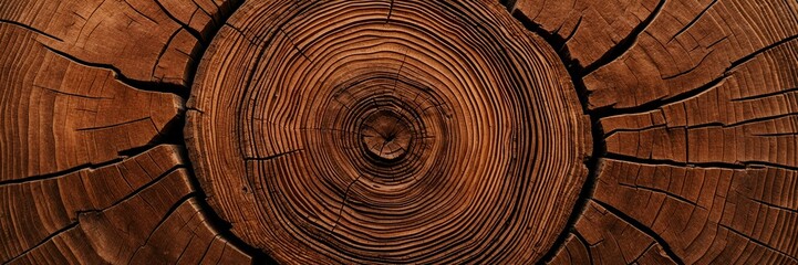 Old wooden oak tree cut surface. Detailed warm dark brown and orange tones of a felled tree trunk or stump. Rough organic texture of tree rings with close up of end 